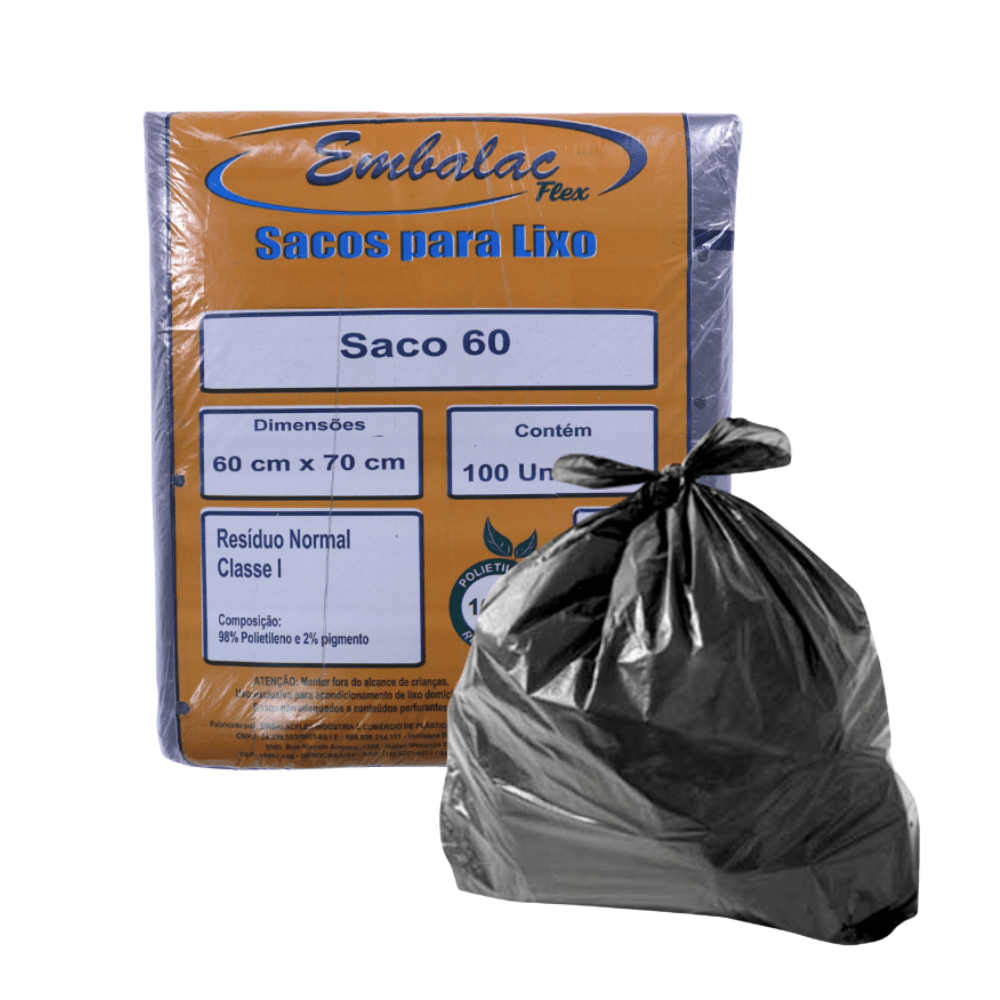 Saco de Lixo 60 Litros Preto Embalac 100 Unidades 60x70cm