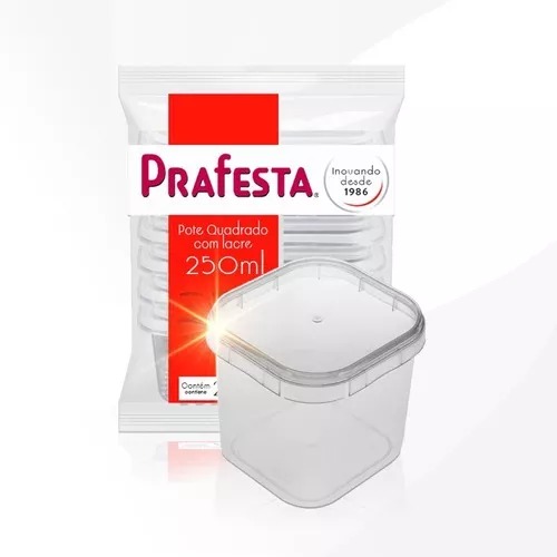 Pote Quadrado Descartável 250ml Transparente PP Prafesta 10 Unidades com Lacre