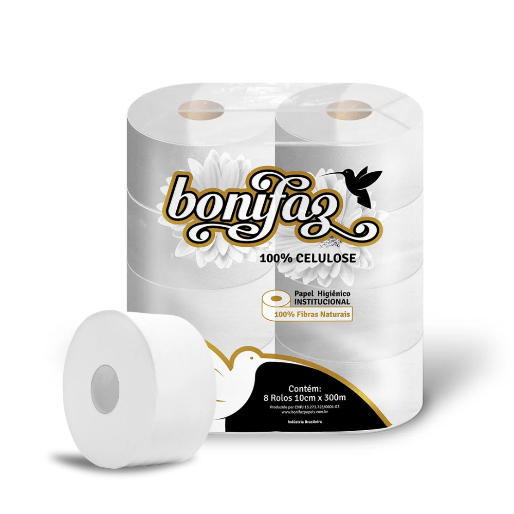 Papel Higiênico Bonifaz 8 Rolos de 300m Folha Simples 100% Celulose