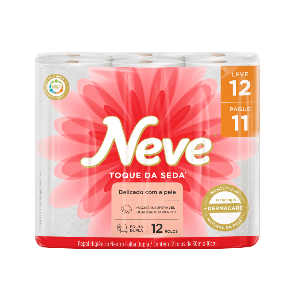 Papel Higiênico Neve 12 Rolos de 30 Metros Folha Dupla Toque de Seda Neutro