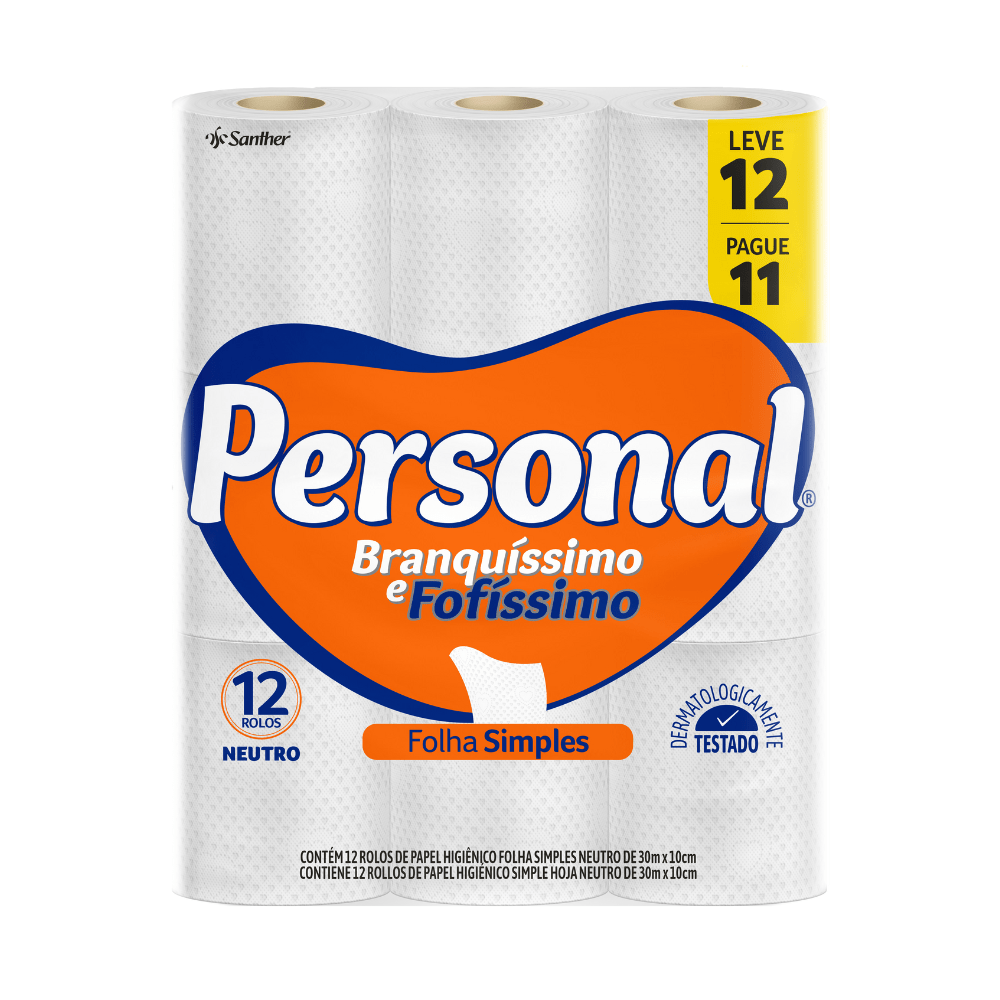 Papel Higiênico Personal 12 Rolos de 30 Metros Folha Simples